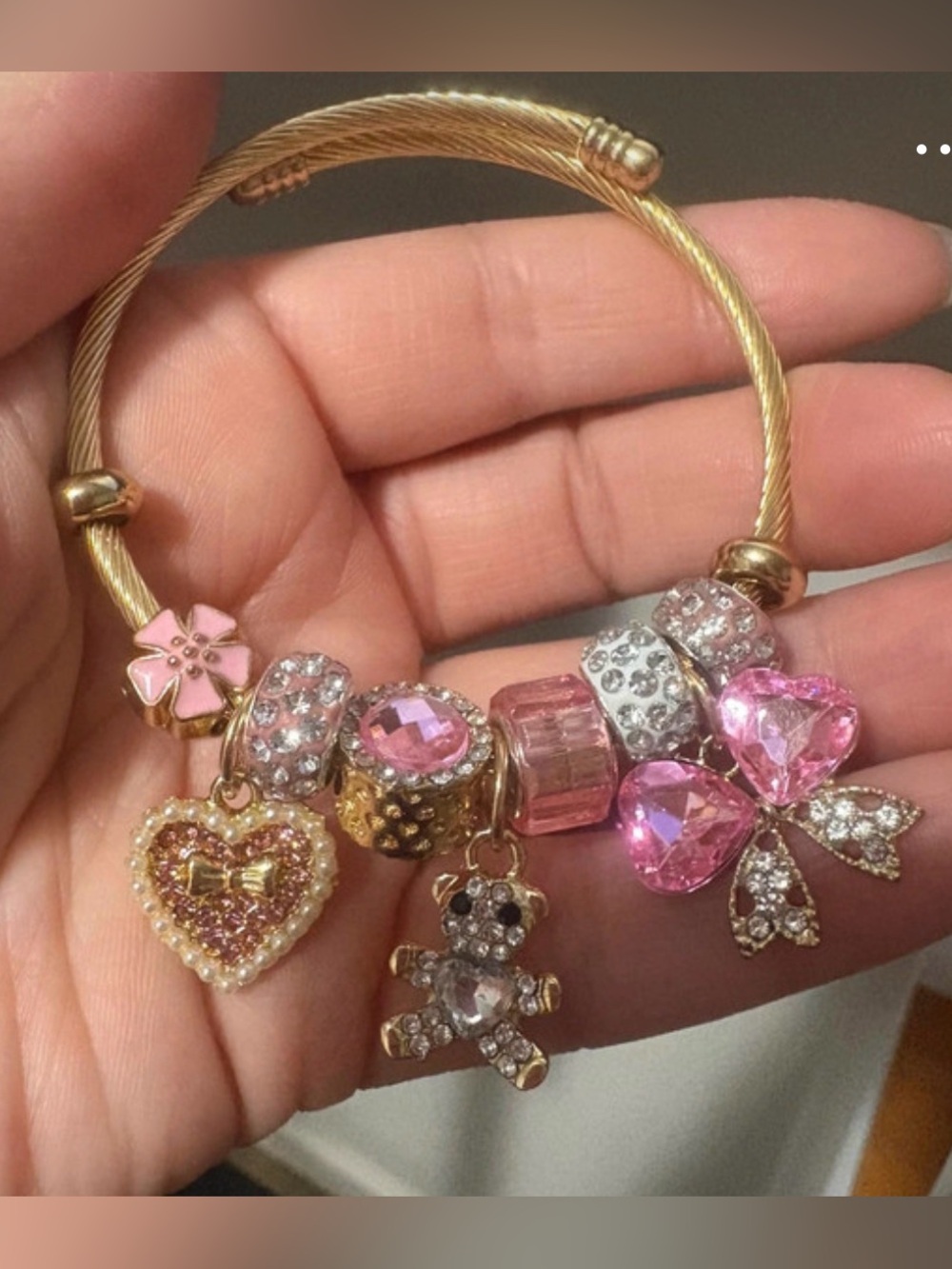 Coquette style Gold Tone Bracelet with Pink Crystal Charms
